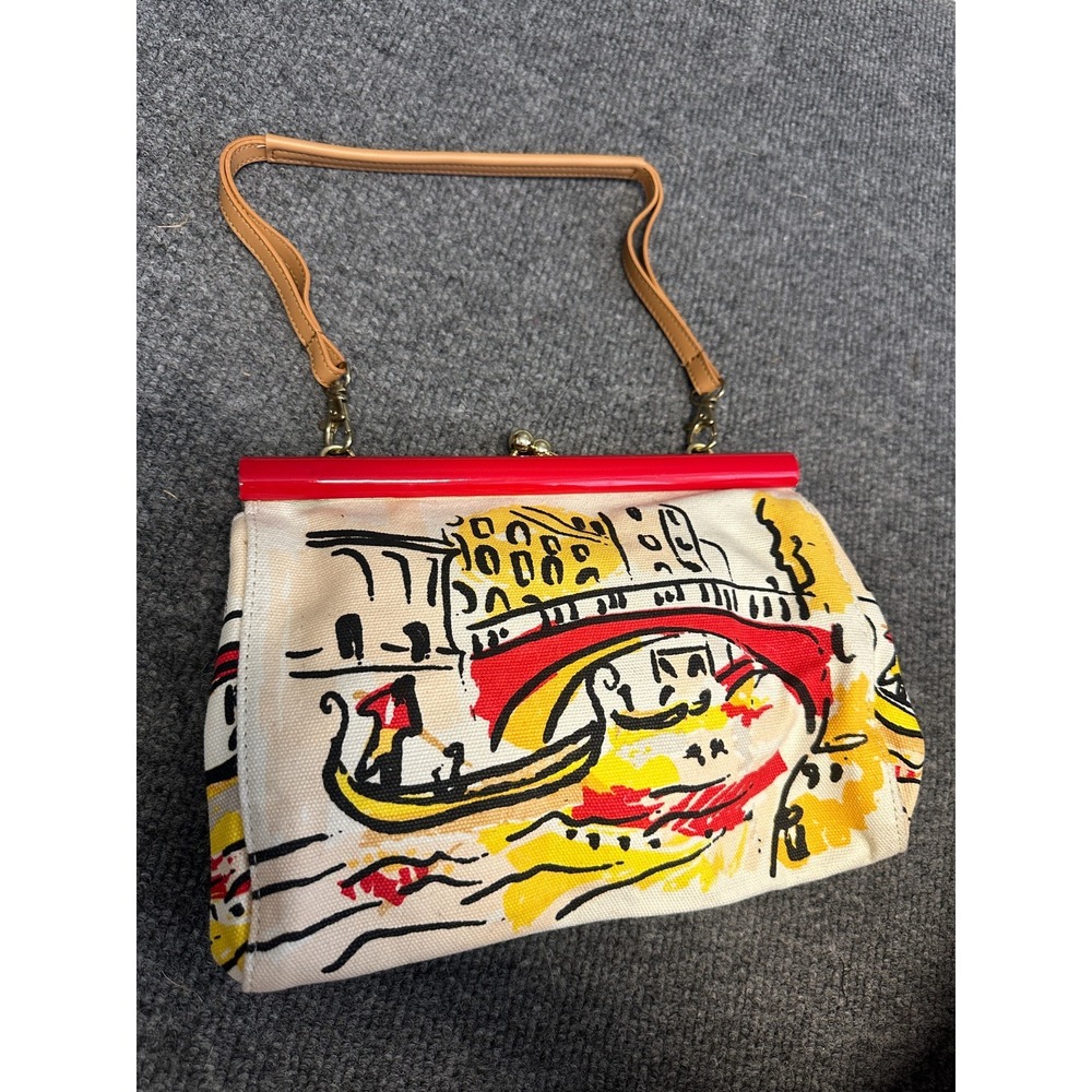 Retro Venice Italy Gondola Scenic Canvas Kiss Lock Handbag Purse Red Frame